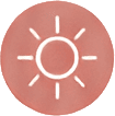 White sun icon on pink circular background