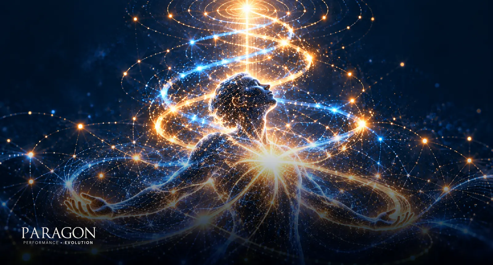 Figure at the center of a swirling spiral of light, representing facing stress instead of avoiding it