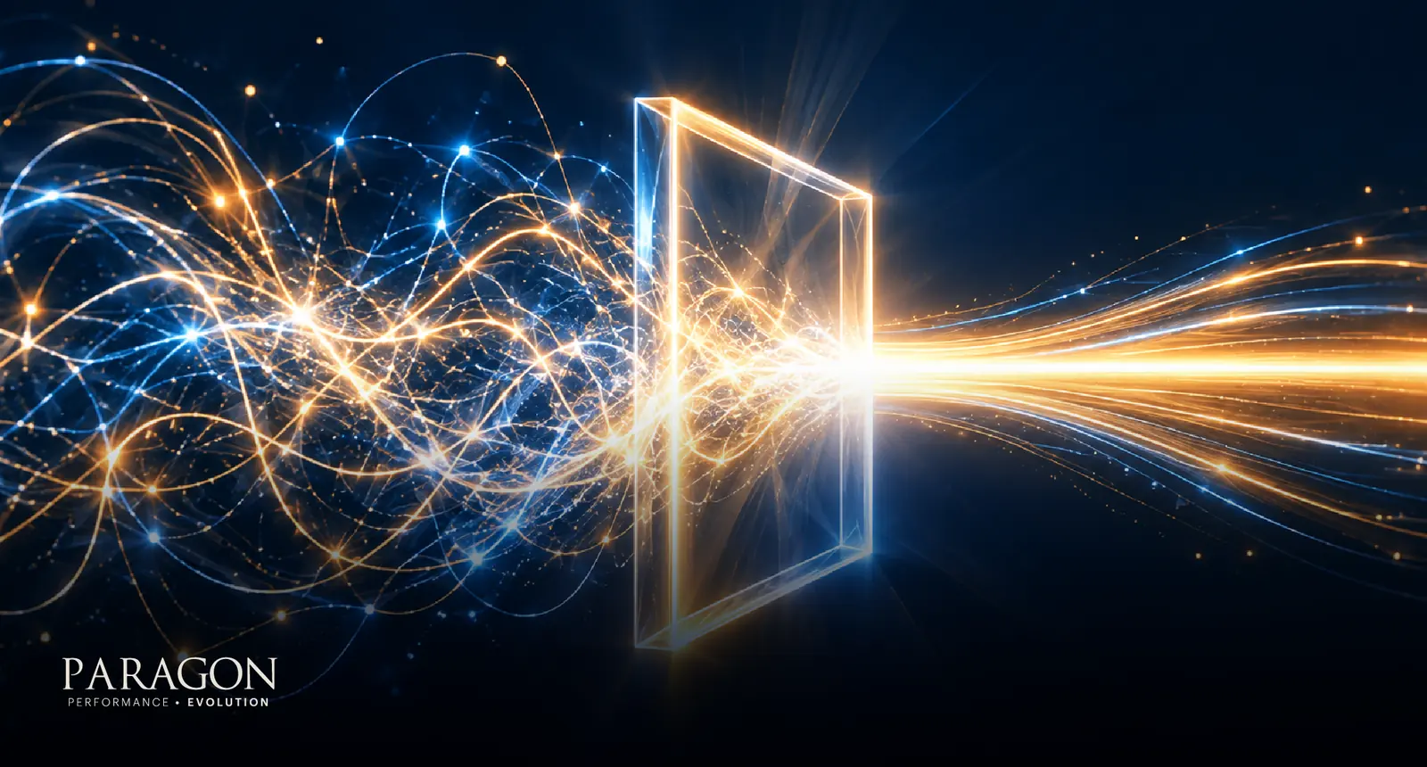 Scattered light passing through a prism and emerging as a focused beam, representing turning awareness into action