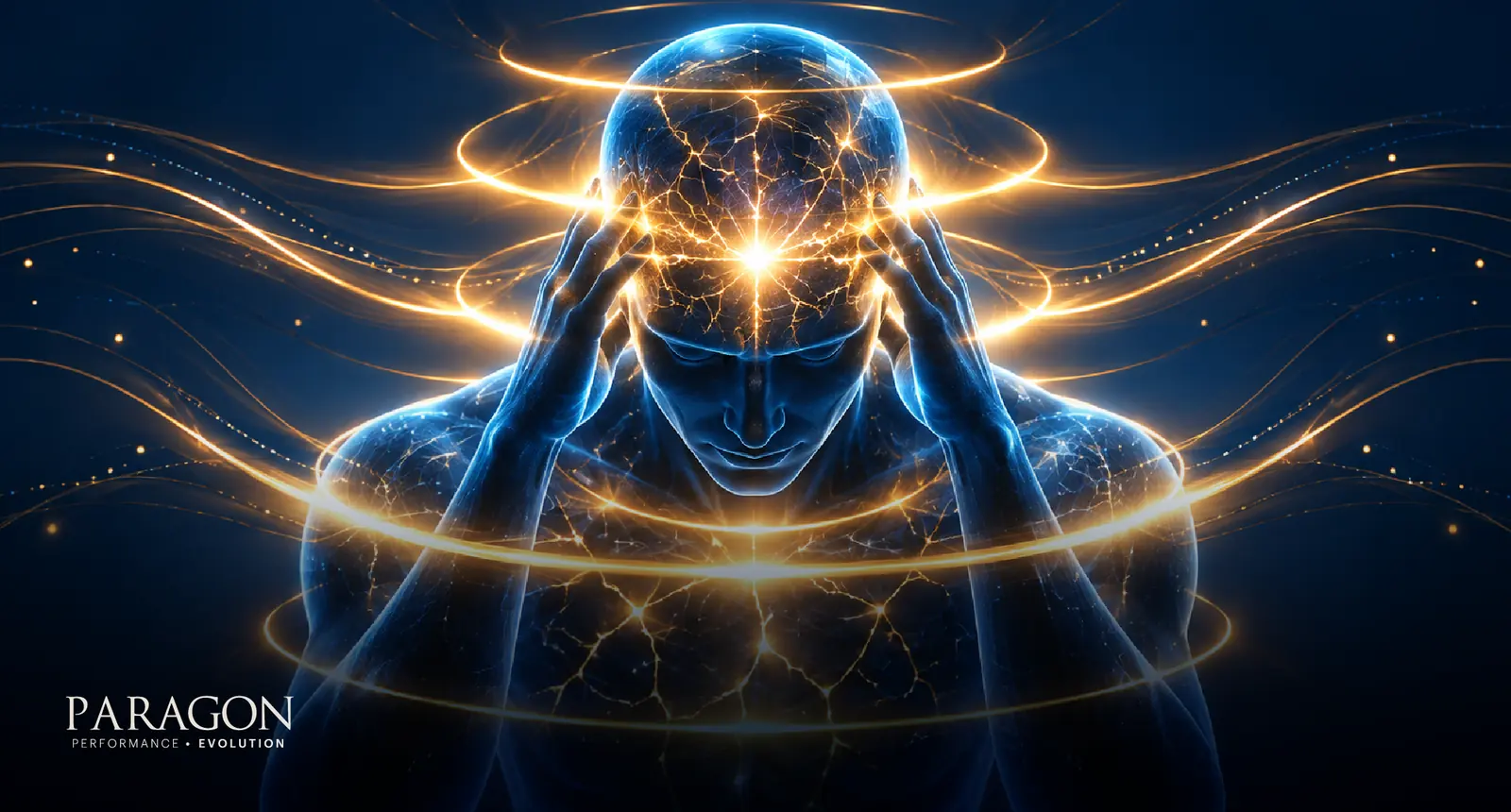 Person holding their head inside rings of light, representing the cost of constant pressure