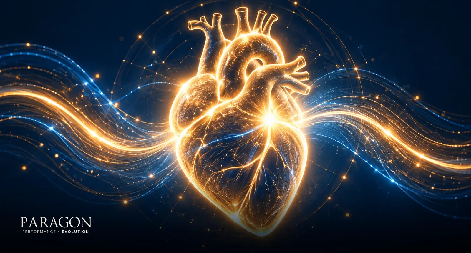 Glowing heart with flowing waves of light, representing employee well-being