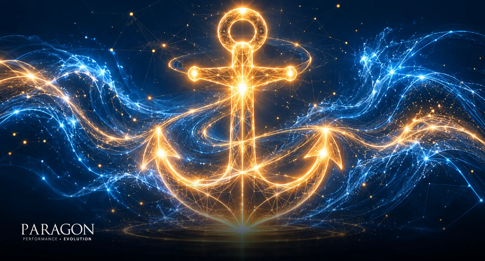 Glowing anchor steady amid flowing waves, representing resilience