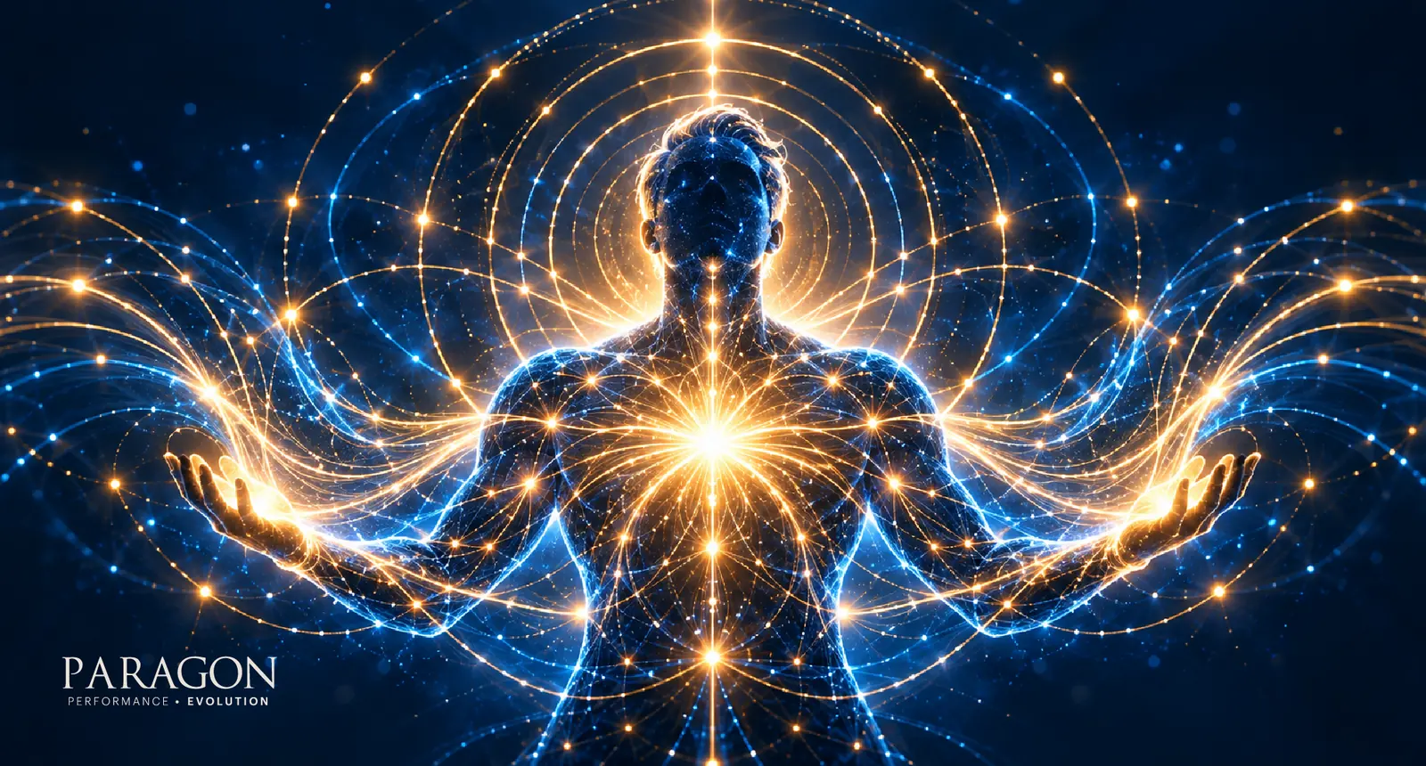 Human figure radiating a luminous field from the heart, representing the heart’s electromagnetic field