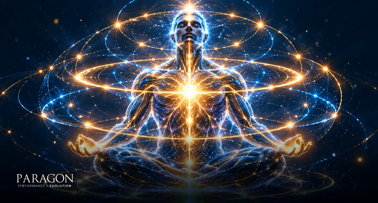 Meditating figure surrounded by calm rings of light, representing self-regulation