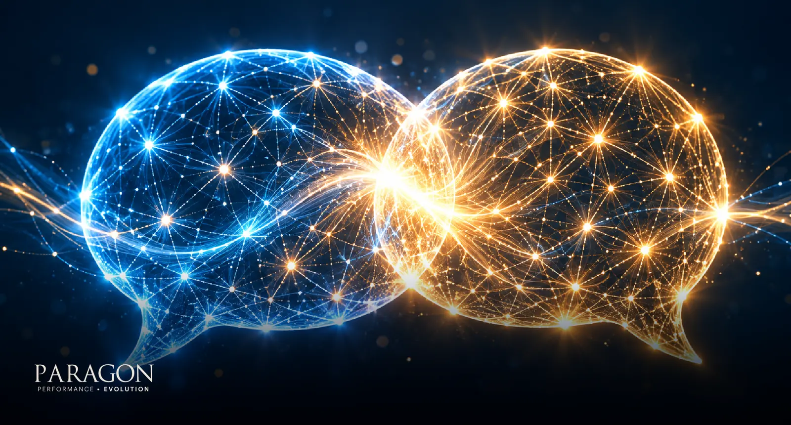 Two glowing speech bubbles overlapping, representing aware communication under pressure