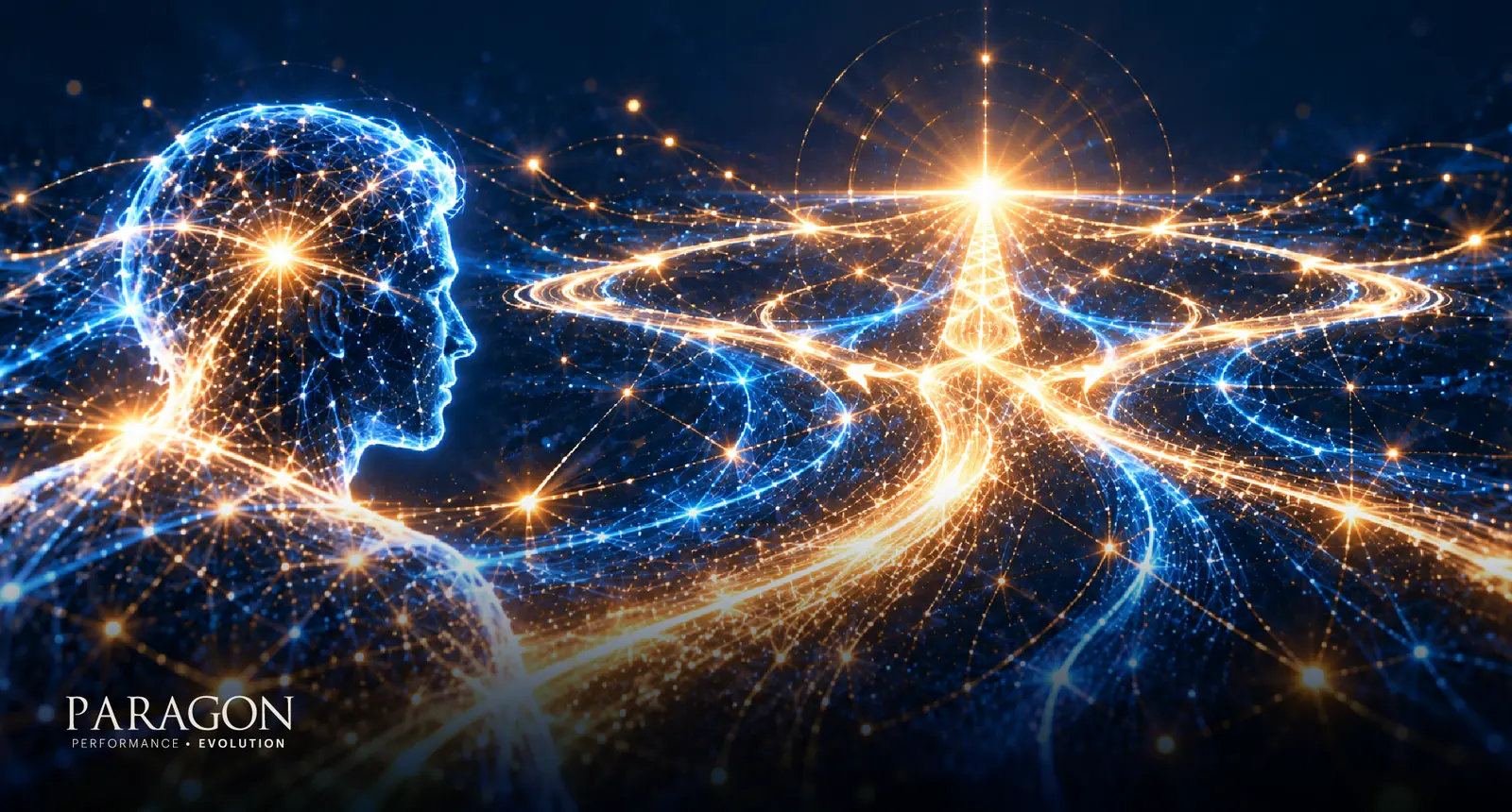 Figure sensing converging paths of light, representing intuition and coherent leadership decisions