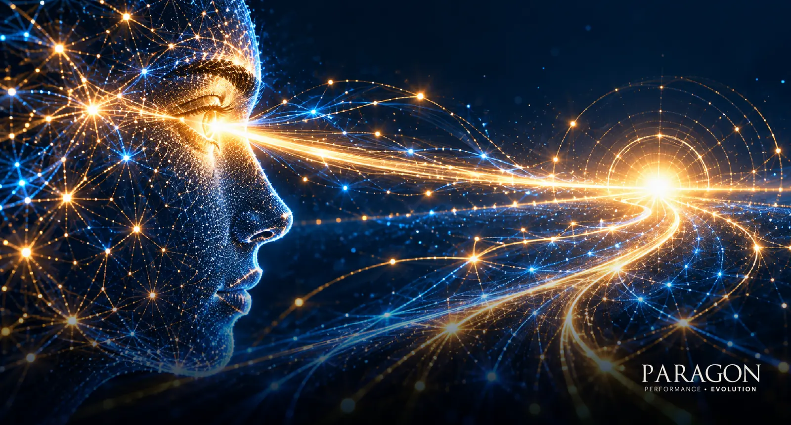 Face with a focused beam of light projecting forward, representing vision and focus