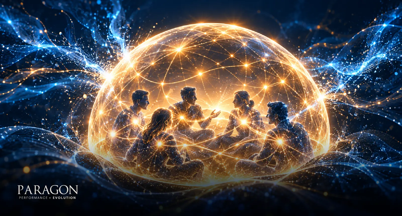 Team gathered inside a protective dome of light, representing psychological safety