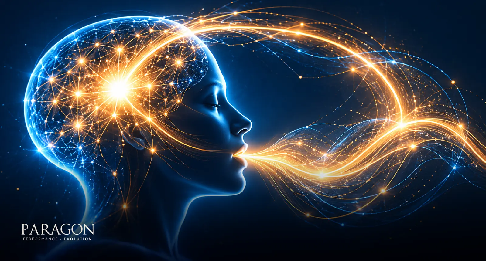 Glowing profile of a person whose words flow outward as light, representing the power of self-talk