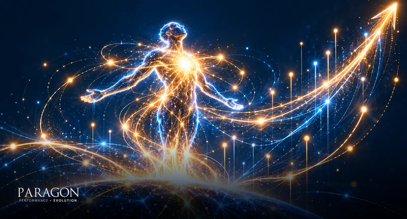 Figure rising along an ascending arrow of light, representing well-being as a driver of performance