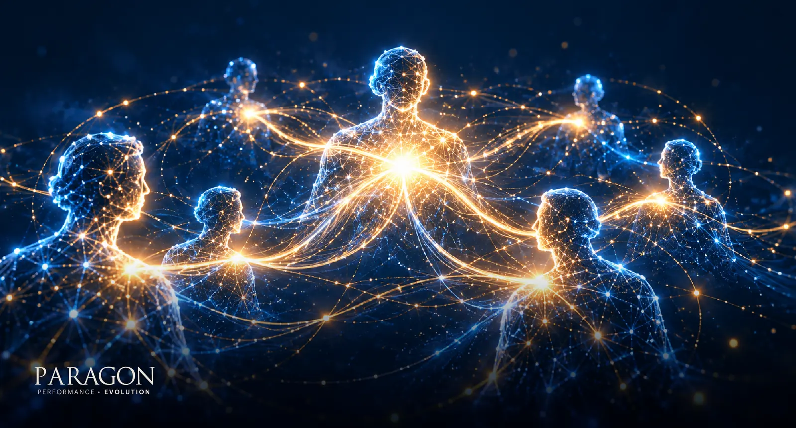 Group of people linked by threads of light, representing connection in the workplace